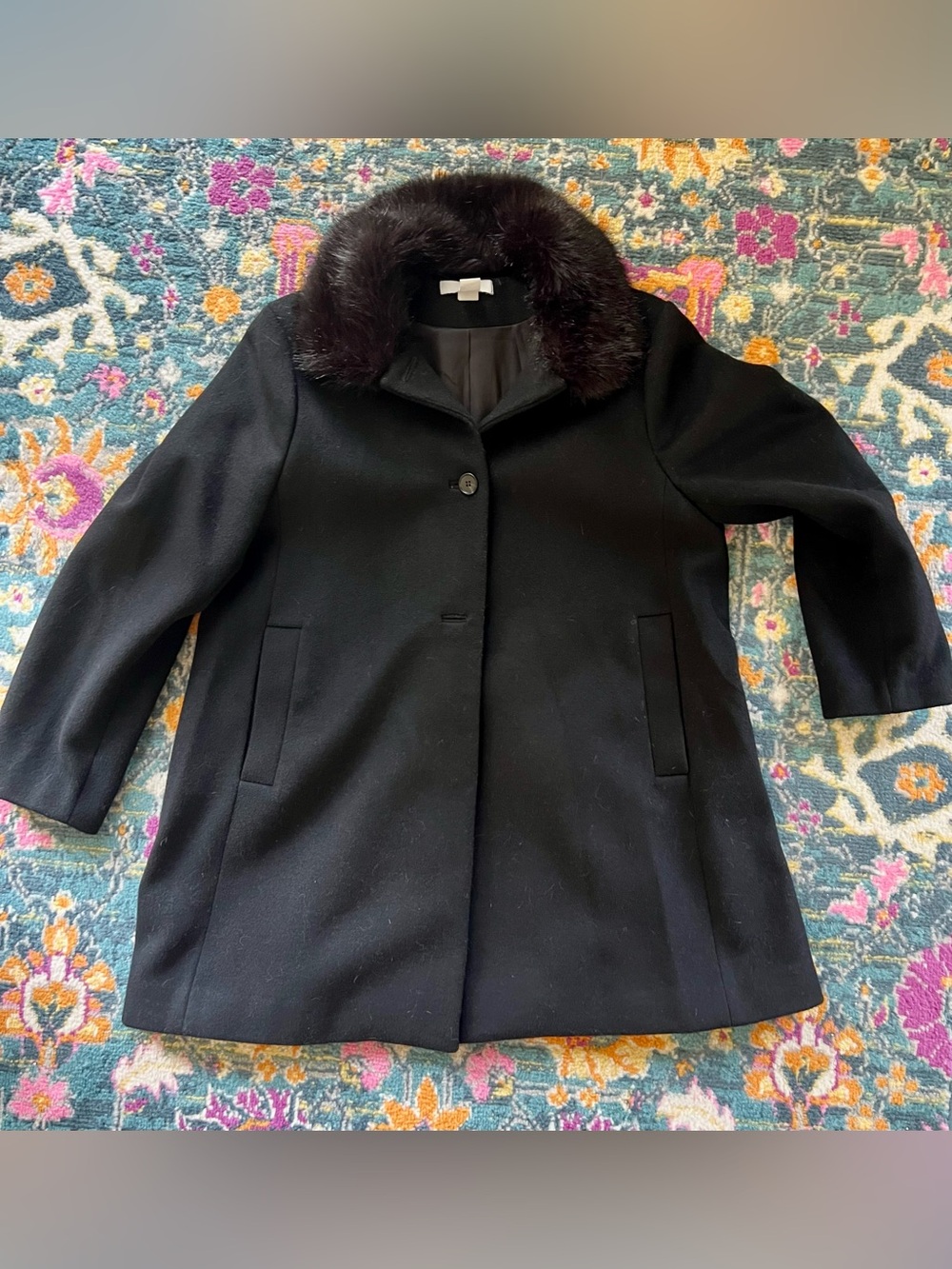 Women's Black Wool Blend Swing Coat with Faux Fur Collar